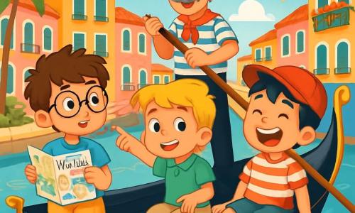 Hay 3 personajes: - Mateo: un niño de 8 años, con cabello castaño desordenado y gafas redondas. Lleva una camiseta azul y un pantalón corto amarillo, y sostiene un mapa de Venecia en sus manos, mirando con curiosidad. - Luca: un niño de 7 años, con cabello rubio y ojos brillantes. Está vestido con un polo verde y un pantalón beige, y sonríe señalando un edificio colorido en el canal. - Tomás: un niño de 9 años, con cabello negro y una gorra roja. Lleva una camiseta a rayas y sandalias, y está sentado en el borde de la góndola, con los pies en el agua, riendo a carcajadas. La situación principal tiene lugar en un canal pintoresco de Venecia, rodeado de casas de fachadas pastel, con balcones floridos y góndolas deslizándose suavemente por el agua. El cielo es azul y soleado, y las palmeras se mecen suavemente al viento. La historia muestra a los tres amigos en una góndola, navegando alegremente por el canal, maravillados por la belleza de la ciudad, mientras el Sr. Marco, su guía, les cuenta historias fascinantes sobre Venecia.
