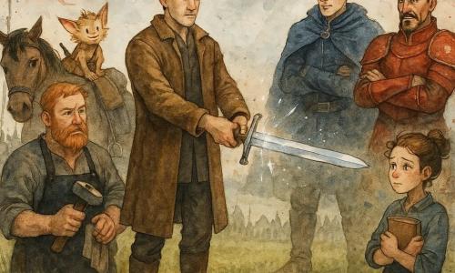 Hombre adulto, Darío, rostro decidido y sereno, ojos oscuros, abrigo marrón gastado y botas polvorientas; sostiene la Llama Serena reparada frente a él, la hoja brillante refleja pequeñas imágenes, postura erguida, brazo extendido. Hombre adulto, príncipe Ildran, unos treinta años, rostro tenso y pálido, capa azul elegante, a la izquierda en segundo plano, manos sobre el pomo de su espada, mirada acusadora hacia Darío. Hombre adulto, conde Merek, unos 40 años, sonrisa afilada, armadura roja, a la derecha con los brazos cruzados, desconfiado ante la hoja que revela secretos. Hombre mayor, Brann el herrero, barbudo y robusto, cabello pelirrojo, delantal de cuero, junto a Darío limpiando un martillo, expresión grave pero aliviada. Criatura peluda, Nimo el duende, pequeño con orejas puntiagudas y un saco, sobre el cuello del caballo de Darío en el fondo, mirada traviesa. Adolescente, Liora, aprendiz de escriba de unos 16 años, moño manchado de tinta y cuaderno en mano, junto a unos soldados, conmovida. Lugar: amplia llanura herbosa bajo cielo tormentoso, dos ejércitos alineados al fondo con estandartes rojos y azules y algo de polvo; la luz suave proviene del reflejo de la hoja. Situación: confrontación pacífica: Darío muestra la espada reparada que brilla como un pequeño sol y revela imágenes de verdad; soldados en silencio, sorprendidos, tensión que se vuelve duda. Estilo y paleta: acuarela suave en grises, ocres y azules, toques metálicos en la hoja y salpicaduras controladas en banderas y polvo, trazos delicados para rostros y emociones.