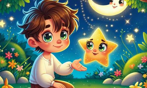 Um garoto de 8 anos, chamado Leo, com cabelos castanhos bagunçados e olhos brilhantes de curiosidade, está sentado em um jardim verdejante. Seu rosto expressa admiração e empolgação, enquanto segura delicadamente uma estrela cintilante na mão. Ao seu lado, uma estrela cadente antropomórfica, com um sorriso suave e olhos brilhantes, flutua levemente acima de sua palma, como se estivesse buscando respostas. O jardim está cheio de flores coloridas, borboletas dançantes e uma grama recém-cortada, sob um céu noturno salpicado de estrelas. A lua ilumina suavemente a cena, criando uma atmosfera mágica e tranquila. Leo, com um olhar determinado, está prestes a fazer uma pergunta à estrela, enquanto a brisa leve faz as folhas das árvores ao redor dançarem, adicionando um toque de mistério à sua busca.
