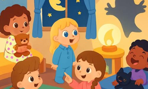 Hay 4 niños: - Alma: una niña de 3 años, con cabello rizado y castaño, que lleva un pijama de lunares de colores. Está sentada en su cama, abrazando un oso de peluche, con una mirada curiosa. - Vega: una niña de 3 años, con cabello lacio y rubio, que lleva un pijama azul. Está de pie junto a la ventana, mirando la luna con ojos maravillados. - Nara: una niña de 3 años, con cabello castaño y una trenza, que lleva un pijama rosa. Está sentada en el suelo, rodeada de libros, señalando una sombra en la pared. - Lila: una niña de 3 años, con cabello negro y rizado, que lleva un pijama violeta. Está acostada en su cama, con un gato negro a sus pies, riendo de una sombra que danza en la pared. El lugar es una habitación infantil acogedora, con paredes pintadas en tonos pastel. Estrellas brillantes están pegadas en el techo, y una suave luz emana de una pequeña lámpara en forma de luna. Los peluches están esparcidos por el suelo y los libros coloridos están apilados en una estantería. La situación principal muestra a los niños descubriendo sus miedos a la oscuridad. Se ríen y se divierten nombrando las sombras que bailan en las paredes, transformando el miedo en juego, con estrellas centelleantes y una luna sonriente que los acompaña.