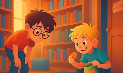The image features two main characters: Milo, a 10-year-old boy with tousled brown hair and round glasses, leaning forward to examine a clue on the floor; and Ben, also 10, with messy blonde hair and a mischievous smile, crouching next to Milo with a half-opened packet of cookies. They are in a warm, colorful library with tall shelves full of multicolored books. Soft light filters through large windows, illuminating plush rugs and colorful poufs scattered on the floor. The main scene depicts Milo and Ben investigating in the library, following a trail of golden glitter on the carpet leading to a slightly open door marked "Staff Only." The atmosphere is filled with mystery and curiosity, with a sense of discovery and adventure.