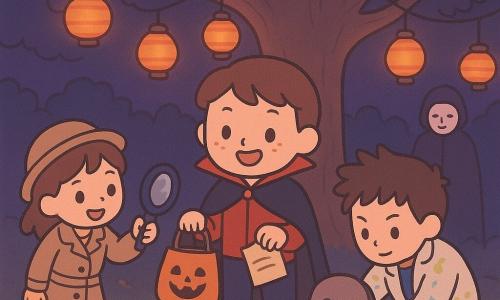 A 12-year-old boy with a round face and freckles, wearing a black cape with a red lining, looking enthusiastic and slightly anxious, holding a bag of candy and a parchment, standing on a small rock in front of an old oak; a 9-year-old girl (Mina) in a beige trench coat and small hat with a mischievous grin holding a shiny magnifying glass to the left of the boy, leaning toward the picnic blanket; a boy of about 12 (Jayden) with messy hair and a white jacket splattered with fluorescent paint, focused and crouched to the right adjusting a concealed smoke machine near a fake cardboard tomb; an elderly man (Mr. Grindle), taller, in a dark cloak with a partially raised white mask, smiling gently under the oak branches; setting: small neighborhood park at night with dark grass, orange lanterns hanging low from a broad oak, leaf-strewn ground, warm pools of light and light ground fog; convivial neighbors in costumes sharing treats and notes and preparing a mild surprise (fog and hidden speaker); composition centered on the main boy with string lanterns forming a luminous arc around the oak; color palette of warm oranges, soft violets, deep greens and red accents; simple rounded lines, soft shadows, minimal kawaii style.