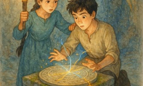 A determined, awed 14-year-old boy with messy black hair kneels, hands on a glowing engraved circular seal atop a cubic stone altar patterned with Ottoman motifs and ancient runes, the wet, mossy stone showing golden fissures; a loyal 14-year-old girl with dark hair in a long braid stands left holding a torch, watching attentively with a hand on his shoulder; they are in the central cave of the Vale of Seals—thin stalactites, glinting water drops, blue and gold mineral veins and light mist—and golden and blue threads of light coil between the boy’s hands and the seal as sparks float, in a soft watercolor palette with gold/blue contrasts.