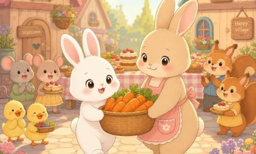 Um pequeno coelho branco e felpudo (personagem principal), olhos grandes e brilhantes, orelhas rosadas, expressão corajosa e sorridente, segurando um grande cesto de vime cheio de cenouras laranja; ao lado, a mãe coelha bege de pelagem macia (personagem secundário), sorriso terno, segurando o outro lado do cesto e ligeiramente inclinada em gesto protetor; juntas caminham devagar rumo a uma mesa de feira. Ao fundo, pequenos animais da vila (ratos, patinhos, esquilos) em traço simplificado aplaudem e trazem travessas de bolos e frutas ao redor da mesa; praça de pedras redondas, casas de madeira em tons pastéis, guirlandas coloridas, mesa grande com toalha xadrez e vasos de flores; luz suave de fim de tarde e sombras quentes. Cena centrada que transmite solidariedade e orgulho, atmosfera acolhedora, cores vivas, contornos simples, estilo kawaii minimalista.