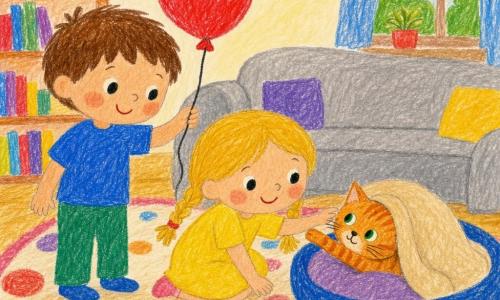 Drei Figuren: Tom, Junge 5 Jahre, kurze braune Haare, blaues T‑Shirt, links stehend, hält in der rechten Hand einen roten Ballon und lächelt nach unten; Lina, Mädchen 5 Jahre, blonde Zöpfe, gelbes Kleid, hockt in der Mitte und streichelt ein Kätzchen unter einer Decke; Mimi, kleines orange getigertes Kätzchen mit grünen Augen, teilweise unter einer beigen Decke in einem Körbchen rechts versteckt, stupst den roten Ballon mit der Pfote. Ort: gemütliches Wohnzimmer mit weichem gemustertem Teppich, hellgrauem Sofa im Hintergrund, bunter Bücherregal links, runder Hängeleuchte und einem Fenster mit Morgenlicht. Szene: freudige Entdeckung — das Kätzchen zeigt den roten Ballon unter der Decke, die Kinder lachen, warme verspielte Atmosphäre, sanfte Farben, stiftartige Konturen, einfacher expressiver Stil für Kleinkinder.