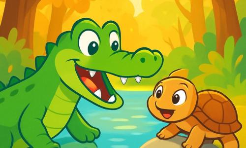 Um crocodilo alegre e curioso, com uma pele verde brilhante e olhos cintilantes de travessura, está à margem de um rio cintilante. Ele sorri amplamente, mostrando seus grandes dentes brancos, enquanto estica seu longo pescoço em direção a uma pequena tartaruga, Teca, que está subindo em uma pedra lisa, com uma carapaça marrom e olhos brilhantes de excitação. A cena acontece à beira de um rio mágico, cercado por árvores majestosas com folhas douradas, onde a luz do sol filtra através dos galhos, criando reflexos na água. Cadu e Teca estão em uma aventura, prontos para explorar a floresta encantada em busca de uma misteriosa fruta dourada, com expressões de entusiasmo e determinação em seus rostos.