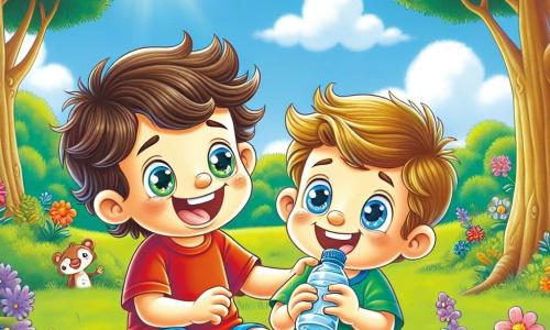 Um menino de 4 anos chamado Tomás, com cabelo castanho bagunçado e olhos brilhantes de alegria, está sentado na grama verde de um parque ensolarado. Ele usa uma camiseta vermelha e um short azul, sorrindo amplamente enquanto segura uma pequena garrafa de água. Ao seu lado, seu amigo Pedro, também um menino de 4 anos, tem cabelo loiro e olhos azuis. Ele está bebendo água, com um leve sorriso no rosto, sentado ao lado de Tomás. O parque está cheio de grandes árvores com folhas verdes vibrantes, e o céu é de um azul brilhante, salpicado de algumas nuvens brancas fofas. Flores coloridas crescem ao redor deles, adicionando toques de amarelo, roxo e rosa à paisagem. A cena principal mostra Tomás e Pedro se apoiando após uma pequena queda, ilustrando sua amizade sincera e a felicidade de estarem juntos, compartilhando um momento de cumplicidade, cercados pela beleza da natureza, simbolizando a importância da amizade.