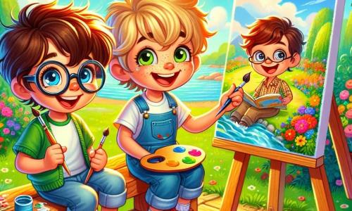 Um menino de 8 anos, Lucas, com cabelos castanhos bagunçados e olhos brilhantes de curiosidade, está sentado em um banco de madeira, segurando um pincel em uma mão e uma paleta de cores vivas na outra. Ele exibe um grande sorriso, radiante de alegria e empolgação. Ao seu lado, Pedro, um menino de 8 anos com cabelos loiros e bochechas rosadas, está pintando uma paisagem colorida em um cavalete, concentrado e entusiasmado. Um pouco mais longe, Rafael, um menino de 8 anos com óculos e um livro na mão, observa suas criações com um olhar admirado. O local é um lindo acampamento de verão, cercado por grandes árvores verdes, com um lago cintilante ao fundo e flores coloridas ao longo do caminho. Raios de sol filtram-se através das folhas, criando uma atmosfera acolhedora e alegre. A cena principal mostra Lucas e seus amigos pintando juntos, compartilhando risadas e ideias, enquanto descobrem sua paixão pela arte em um cenário encantador.