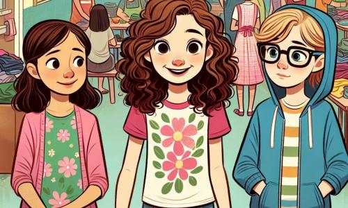 Três meninas de doze anos estão no centro do palco: Clara, com cabelos castanhos e cacheados, usa uma camiseta rosa e jeans, sorrindo entusiasticamente; à sua direita, Júlia, com cabelos loiros e lisos, vestida com um vestido florido, observa curiosamente um grupo de pessoas; e à esquerda, Marina, com cabelos castanhos e óculos, usa um moletom azul e anota em um pequeno caderno. O ambiente é um centro comunitário acolhedor, com paredes coloridas e cartazes de apoio à comunidade. Mesas estão cheias de roupas e alimentos, e voluntários sorridentes trabalham ao redor, criando uma atmosfera de solidariedade e ajuda mútua. As meninas conversam com adultos e crianças que buscam ajuda, demonstrando seu desejo de aprender e contribuir para essa bela iniciativa.
