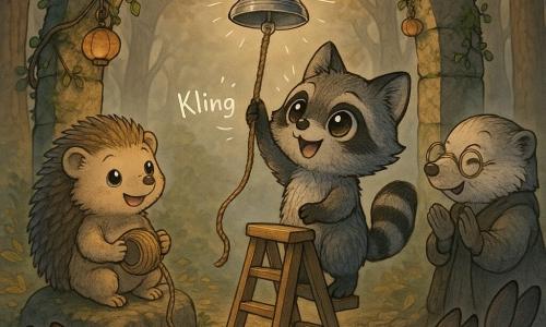 Anthropomorpher junger Waschbär mit großen glänzenden Augen und grau-schwarzem, gut texturiertem Fell steht auf einer kleinen Holzleiter und befestigt eine silberne Glocke über einem moosbewachsenen steinernen Torbogen; links sitzt der junge Igel Leni mit weichen braunen Stacheln lächelnd auf einem Stein und hält eine Rolle Grasfaserseil bereit, rechts eine alte Dachs-Dame, klein mit Zweigbrille, steif aber zufrieden applaudierend; vorn ein aufmerksames, kompaktes Publikum aus mehreren Kaninchen und einer Maus mit aufgestellten Ohren; der Torbogen ist mit verschlungenen Ästen, Efeu und hängenden Kürbislaternen geschmückt, Laub und verwurzelter Boden liegen darunter; Dämmerungsstimmung mit warmem honigfarbenem Licht und leichter Bodennebel, der Wind lässt die Glocke klingen, dargestellt durch Lichtwellen um die Glocke; zentrierte Komposition, warme Farben mit silbernen Akzenten und langen Schatten.