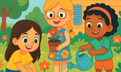 Hay 3 personajes: Ana, una niña de 8 años con cabello largo castaño y ojos brillantes, que lleva una camiseta amarilla y un short de mezclilla, agachada con una pala pequeña lista para plantar una flor; Clara, otra niña de 8 años con trenza rubia y gafas redondas, vestida con un vestido de flores coloridas y sandalias, de pie y sonriendo mientras sostiene una maceta con una flor; y Sofía, también de 8 años, con cabello negro rizado y una diadema rosa, que lleva una camiseta verde y pantalones cortos, regando una planta con una expresión alegre. Las tres amigas están en el jardín soleado de la abuela de Ana, rodeadas de flores y árboles verdes, con tierra y pequeñas herramientas de jardinería en el suelo. Al fondo se ve una gran casa de madera con contraventanas azules y un cielo azul claro con algunas nubes blancas. La escena principal muestra a las tres niñas plantando flores juntas, con sonrisas radiantes en sus rostros, reflejando su entusiasmo y compromiso con la protección del medio ambiente.