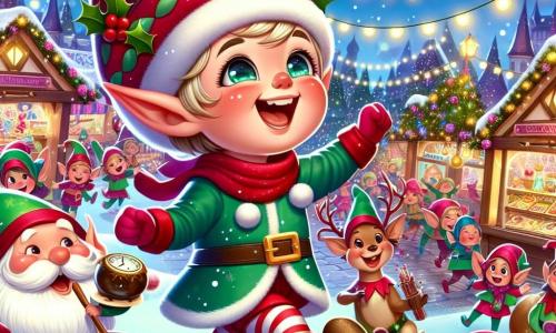 Ilustración que representa a un pequeño elfo alegre, con orejas puntiagudas y una gran sonrisa. Lleva un gorro rojo adornado con pompones y un abrigo verde de terciopelo, sus ojos brillan de emoción mientras baila en medio de un mercado navideño mágico. A su lado, un pequeño gnomo con barba blanca y un sombrero en forma de cono, que muestra una expresión amigable. Sostiene un pequeño reloj de madera y parece listo para ayudar al elfo en su búsqueda. Al fondo, el mercado está iluminado, con puestos coloridos que venden golosinas y juguetes de madera. Copos de nieve caen suavemente, añadiendo un toque mágico. La escena principal muestra al elfo y al gnomo buscando juntos a la familia del elfo, rodeados de risas y música festiva. Renos músicos tocan alegremente y niños se divierten alrededor de una fuente de chocolate, creando un ambiente cálido y alegre. Otros elementos incluyen estrellas brillantes en el cielo nocturno, guirnaldas luminosas en los árboles de caramelo y copos de nieve que caen lentamente, reforzando el espíritu navideño y la magia del momento.