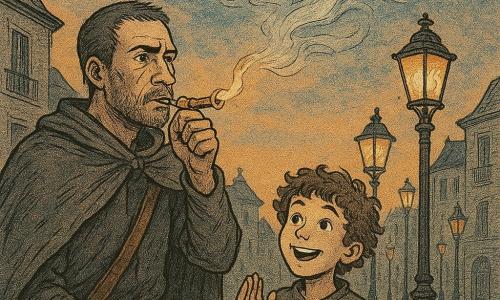 Lorian, hombre de rostro marcado, barba corta y mirada serena y decidida, con capa gastada y bolsa de cuero, sopla un pequeño silbato de cobre para guiar el viento hacia la primera farola; junto a él Naro, un niño de unos 10 años de cabello rizado, ojos abiertos y sonrisa maravillada, aplaude sosteniendo una manzana mordida y mira la llama. Brisado, el viento personificado, se muestra como un remolino translúcido de hojas y polvo con cuerpo filiforme y ojos de niebla que envuelve la llama sin apagarla, flotando sobre las farolas. En el Campanario de las Farolas, en el centro de una plaza empedrada al crepúsculo, piedras grises texturadas, balcones de forja y filas de farolas frente a un cielo naranja y azul y siluetas de casas de tejados inclinados. Escena: Lorian y Naro encienden la primera lámpara mientras Brisado transporta delicadamente la chispa a lo largo de las farolas; atmósfera heroica y serena, luces cálidas en contraste con el aire fresco y las largas sombras. Estilo visual: trazos de tinta visibles, tramas de puntos, colores deslavados pero contrastados y texturas de papel de periódico, composición centrada en la llama y el trío.