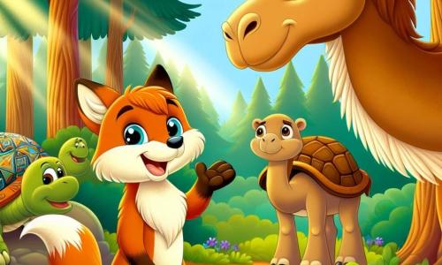 In the center of the image, a young fox named Felix, with bright orange fur and curious sparkling eyes, smiles enthusiastically. He is reaching out a paw towards a large dromedary, expressing his desire to learn and make friends. On the left, Amir, the beige dromedary with gentle eyes, looks at Felix with a kind smile, his large attentive ears and imposing body contrasting with the lightness of the moment. He stands near a large tree, listening intently to Felix. On the right, Tarek, a turtle with a shell adorned with colorful patterns, observes the scene with a wise and serene gaze, sitting on a flat stone. Her expression is gentle, and she seems ready to share her desert stories. The setting is a bright clearing in Evergreen Woods, surrounded by majestic trees with golden leaves and a ground covered in colorful wildflowers. Sunlight filters through the foliage, creating a warm and welcoming atmosphere. The main scene shows Felix and Amir engaged in conversation, sharing stories and laughter, symbolizing friendship and diversity, while Tarek listens, ready to enrich their exchange with her wisdom.