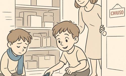 Bambino di 6 anni (Tommaso) in ginocchio, volto curioso, occhi grandi e sorridenti, capelli castani corti, tiene una piccola torcia accesa e indica un vasetto di miele aperto; la maestra Lina (circa 30 anni) è dietro di lui, sguardo benevolo, mano sulla porta socchiusa e leggermente inclinata verso il bambino; altro bambino di 6 anni (Enrico), piccolo con capelli spettinati, imbarazzato ma sollevato, in ginocchio vicino a una scatola rovesciata con una sciarpa blu, a sinistra di Tommaso; piccola topo grigio vicino al vasetto, muso tondo e occhi lucenti; ambientazione: magazzino della scuola con scaffali bassi, scatole impilate, rotoli di carta e pavimento leggermente polveroso, porta con adesivo rosso “CHIUSO”; situazione: scoperta dolce e sorpresa con tracce di gocce di miele che portano al vasetto e al topo, personaggi raccolti in cerchio, espressioni empatiche, composizione chiara, linee nette e ombreggiature leggere, formato orizzontale, senza testo.