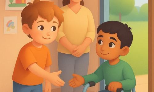 Un ragazzo di 8 anni dal viso rotondo e capelli castano chiaro spettinati, sguardo timido ma caloroso, sorride e porge la mano; Samir, circa 8 anni, pelle olivastra, capelli neri corti e occhi curiosi, con un piccolo deambulatore a due ruote azzurro, sorride timidamente seduto vicino alla porta dell'aula; la maestra Giulia, 30–35 anni, capelli castani raccolti e camice giallo pallido, sta dietro ai bambini con le mani giunte e uno sguardo benevolo; luogo: soglia dell'aula verso un grande cortile erboso, pavimento piastrellato beige, porta aperta con riflessi di luce e disegni dei bambini appesi al muro; situazione: momento dolce in cui il ragazzo invita Samir a giocare, mano tesa, sorriso condiviso, atmosfera luminosa e accogliente in toni pastello e ombre morbide.