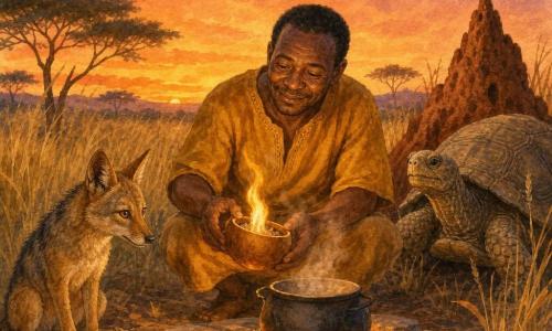 Kofi, uomo adulto calmo e paziente, volto sorridente con leggere rughe, pelle bruna, capelli corti, accovacciato vicino a un piccolo focolare tiene una zucca vuota davanti al fuoco come scudo dal vento; un giovane sciacallo maschio dal pelo fulvo e occhi vivaci è seduto a sinistra a pochi passi, testa inclinata e zampe ripiegate, guarda il fuoco con impazienza; una vecchia tartaruga femmina dalla carapace rugosa è vicino a un termitaio dietro Kofi, immobile e attenta come a osservare; ambientazione: savana al crepuscolo con erbe alte dorate, un piccolo monticello di termiti rossastro, alcune pietre disposte in cerchio e un cielo sfumato arancio-violaceo con le prime stelle; Kofi ha acceso una fiamma in un nido di erba secca, una scintilla è diventata una dolce lingua di fuoco, la zucca attenua il vento e protegge la fiamma, una pentola nera fuma sulle braci; stile: acquerello morbido, texture granulose, palette calda (ocra, arancio, marrone, verdi tenui), tratti fini e contorni leggermente sfumati.