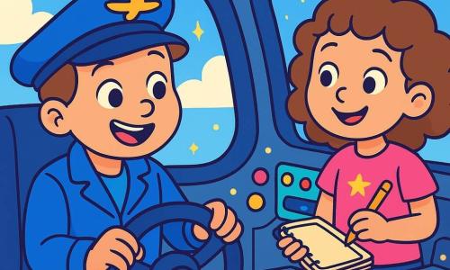 Un uomo sorridente di nome Luca è seduto in una cabina di simulatore di volo. Indossa una giacca blu brillante, un cappello con un piccolo aereo dorato, e i suoi occhi brillano di gioia e concentrazione. Le sue mani sono sul volante, pronto a decollare, e il suo viso esprime grande eccitazione. Accanto a lui, una bambina di circa 7 anni di nome Emma osserva attentamente. Ha i capelli ricci e indossa una maglietta rosa con stelle. Tiene un quaderno e sorride, incoraggiando Luca nel suo volo immaginario. Il simulatore è una stanza magica, piena di pulsanti colorati e luci scintillanti. Da una grande finestra si vedono nuvole bianche e cielo blu, creando un'atmosfera da sogno. Luca si prepara a far decollare il suo aereo virtuale, sentendo la dolce brezza sul viso, mentre Emma lo incoraggia con entusiasmo.