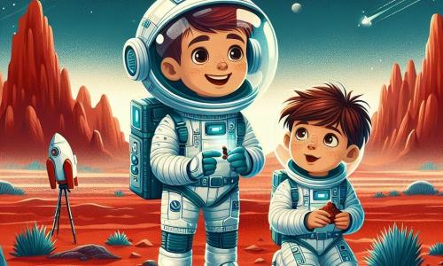 Ein Astronaut namens Max steht auf der roten Oberfläche des Mars, gekleidet in einen eleganten und glänzenden weißen Raumanzug mit blauen Akzenten. Sein Gesicht ist durch den Helm sichtbar und zeigt einen Ausdruck von Freude und Staunen, während er ein kleines Martianbodenproben in seiner Hand hält. Neben ihm steht Leo, ein 11-jähriger Junge mit zerzausten braunen Haaren und neugierigen Augen, der ein kleines Teleskop hält und den Sternenhimmel beobachtet. Sie stehen auf einem staubigen Boden, umgeben von seltsamen Felsformationen und majestätischen Bergen unter einem sternenklaren Himmel mit leuchtenden Sternen und einer fernen Sicht auf die Erde. Die Hauptsituation zeigt Max und Leo, die gemeinsam die marsianische Landschaft erkunden, wobei Max seine Entdeckung des Martianbodens teilt, was Freundschaft und Abenteuer im Weltraum symbolisiert.