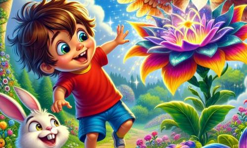 Ein 4-jähriger Junge namens Max mit großen, leuchtenden Augen und zerzausten, kastanienbraunen Haaren zeigt immense Freude und Staunen, während er vor einer wunderschönen, bunten Blume steht. Er trägt ein rotes T-Shirt und eine blaue Shorts und streckt fasziniert die Hand nach der Blume aus. Neben ihm fliegt ein 4-jähriges Mädchen, Lila, eine Eule mit weichen, lila Federn, fröhlich in der Luft mit neugierigem und freundlichem Blick. Ein 3-jähriger weißer Hase namens Hops steht neben Max, seine großen Ohren aufgerichtet, und schaut begeistert auf die Blume. Die Szenerie befindet sich auf einem grünen Hügel, umgeben von großen Bäumen mit strahlenden Blättern, unter einem blauen Himmel mit flauschigen, weißen Wolken. Bunte, funkelnde Blumen wachsen überall und schaffen eine magische, fröhliche Atmosphäre. Die Hauptsituation zeigt Max, Lila und Hops, die die geheimnisvolle Blume entdecken, die in voller Pracht erstrahlt, während sie sich darauf vorbereiten, gemeinsam einen Wunsch zu äußern, erfüllt von Aufregung und Freundschaft.