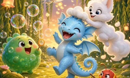 A small gentle dragon with pale blue scales that sparkle like water droplets, a spiral tail and rounded wings, smiling and laughing as it dances on two legs while waving its tail, surrounded by friends: Bloop, a round green jelly creature bubbling and blowing floating bubbles to the dragon’s left; Luna, a tiny silver moth with translucent shimmering wings fluttering above and dropping glowing petals; Fluff, a fluffy white cloud-fox with big gentle eyes floating to the right and placing a cloud hat on the dragon; Pip, a mischievous small red-and-yellow striped beetle parading in front with a tiny crumb-banner; all in a grassy clearing under weeping willows with mossy ground and flower lanterns, golden twilight light, petals and bubbles drifting—an intimate joyful birthday celebration centered on the dragon with exaggerated dance poses and a warm playful atmosphere.
