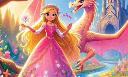 Die Prinzessin Lila, ein etwa 10-jähriges Mädchen, hat lange goldene Haare, die in der Sonne glänzen. Sie trägt ein rosa Kleid, das mit bunten Blumen verziert ist, und zeigt ein entschlossenes Lächeln, während sie ein funkelndes Amulett in der Hand hält. An ihrer Seite steht Flammor, ein majestätischer Drache mit glänzenden Schuppen, der fröhlich und amüsiert aussieht, mit funkelnden, weisen Augen. Sie stehen vor der majestätischen alten Kirche, deren Äste sich wie schützende Arme ausbreiten, umgeben von leuchtenden Blumen und glitzernden Bächen. Die Szene zeigt Lila und Flammor triumphierend, nachdem sie den dunklen Zauberer besiegt haben, mit Lichtblitzen und lebendigen Farben, die die wiederentdeckte Magie des Glimmerwalds symbolisieren.