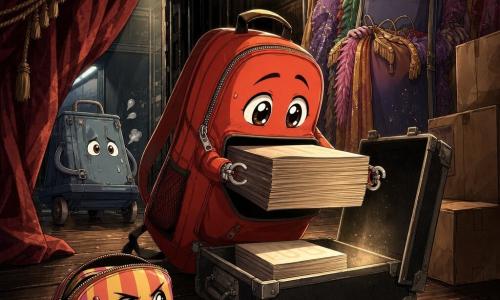 A red backpack named Clip, the determined and relieved main character with wide, shiny eyes and zipper hands, delicately holds a stack of thick printed programmes in his open front pocket; nearby Pippa, a small striped pencil case, looks mischievous and focused with a partially open zipper as if taking notes; Rax, a tall, slightly sheepish character wearing hangers and colorful costumes with glitter dust on his back, stands near a clothing rack watching with shame and hope; Skid, a small blue wheeled cart, looks worried and out of breath parked by a side door with a few drops of water on it. The setting is the backstage of an old school theater—dark wooden stage floor, rumpled burgundy velvet curtain, a hanging round spotlight, stacks of cardboard boxes—and a black microphone case opened center-stage reveals the real stack of programmes. The key moment shows Clip solemnly pulling the real programmes from the open case under soft spotlight, a warm, detailed, suspenseful-but-friendly scene with dynamic composition focused on the pile.
