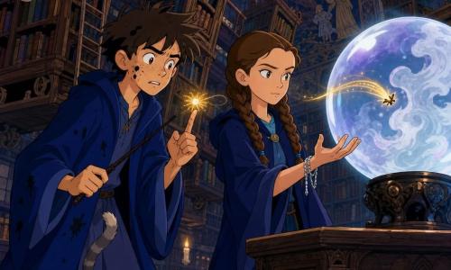 Milo, a 12-year-old wizard boy with ink spots, a few freckles, messy hair and a slightly wrinkled navy robe, looks anxious but determined as he delicately holds a small glowing firefly on his index finger and a thin black wooden wand in the other hand; Lyra, a 12-year-old witch girl calm and focused with long tight brown braids and a silver cord around her wrist, stands by a dark wooden desk with her palm open toward a large floating glass globe ready to receive the message; Pickle, a small mischievous gray tabby cat, weaves at Milo’s feet, tail up and curious about the firefly; the tiny firefly, trailing golden light, enters an opalescent Lumen Globe where a pale, moonlike mist swirls; the scene is the Forbidden Library—narrow aisles of carved moving shelves, rolling ladders, floating candles and damp stone walls hung with ancient tapestries—warm ambient light contrasting with the globe’s cold glow, Milo trembling but resolute and Lyra protective as they stand side by side in a magical, slightly tense atmosphere with the shifting shelves as a dynamic backdrop.