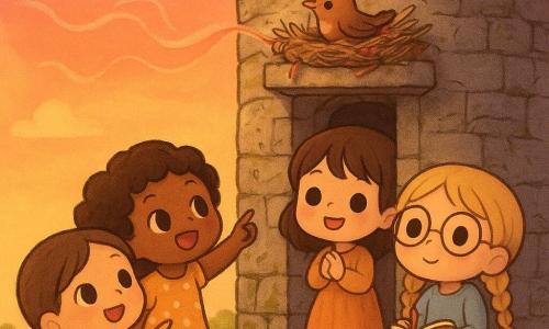 Four girls: Lily, 7, light brown ponytail, bright eyes and a small red scarf, standing on the lawn with hands raised toward the tower; Mia, 7, curly black hair and a bright smile, yellow polka-dot dress, crouched left of Lily pointing at the roof nest; Grace, 8, braided blonde hair and round glasses, notebook and pencil in hand, slightly behind and to the right taking notes; Sofia, 7, straight brown hair, focused, hands clasped, on the tower steps near the window listening to the wind. They are close to an old round three-story stone tower with textured grey bricks, cracks, green moss, a worn wooden window sill and a round red-tiled roof; on the roof edge sits a small nest of twigs, grass and red threads (pieces of scarf) with a tiny brown bird holding a red thread. Warm, intimate scene at a rosy-orange sunset with translucent ribbons of wind, bright pastel colors and golden evening light, expressions of wonder and shared delight.