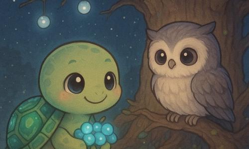 Terrence the turtle smiles, gentle and determined, with a pearlescent green shell patterned like emeralds and glowing berries tucked in it as he slowly approaches a large oak; Oliver the owl perches on a low, warm branch, gray-white and fluffy, watching with grateful, attentive eyes; moon-berries hang like small translucent lamps emitting a bluish glow, the great oak fills the background with rough bark, thick roots and mossy branches, and a starry, fairylike night with sparkling moon-dust and low wildflower grass surrounds a centered, tender exchange at the oak’s base where the turtle offers the berries to the owl, warm pastel tones contrasting with the berries' cold glow.