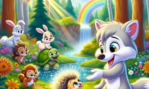 In the center of the image, Wally, a small wolf with sparkling eyes and cloud-soft fur, expresses great joy and overflowing curiosity as he reaches out a paw toward Penny, a small porcupine with shimmering quills, who smiles shyly, her eyes shining with gratitude. Nearby, Benny the rabbit, with his white fur and large ears, observes the scene with an encouraging smile, while Tina the turtle, with her shiny green shell, watches kindly, her eyes full of warmth. Sammy the squirrel, with his bushy tail and mischievous eyes, perches on a branch, ready to jump for joy. The setting is a sunny clearing in the Whispering Woods, where a rainbow stream sparkles under the sun's rays, surrounded by colorful flowers and tall trees with dancing leaves. The main situation shows Wally and his friends gathered around Penny, celebrating their new friendship and mutual acceptance, illustrating the theme of tolerance and diversity.