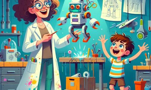 Kobieta wynalazczyni w wieku około trzydziestu lat, z kręconymi włosami i okrągłymi okularami, radośnie się uśmiecha, trzymając kolorowy prototyp robota. Ma na sobie fartuch laboratoryjny pokryty plamami farby i stoi w swoim warsztacie, otoczona różnymi narzędziami i materiałami. Obok niej stoi ośmioletni chłopiec z kasztanowymi włosami i błyszczącymi oczami pełnymi ciekawości, z zachwytem obserwując robota, który właśnie unosi się w powietrze. Ma na sobie pasiasty t-shirt i szorty, stoi na palcach, z uniesionymi rękami w geście ekscytacji. Warsztat jest wypełniony dziwnymi maszynami, rysunkami powieszonymi na ścianach i kolorowymi pudełkami, tworząc magiczną i inspirującą atmosferę. Główna scena pokazuje kobietę i chłopca testujących swoje wynalazki, latającego robota, który właśnie rozbił się o drzewo, wywołując śmiech i zdziwienie u obu postaci.