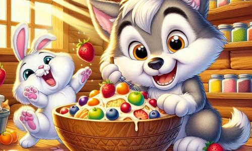Un pequeño lobo llamado Lupi, con un pelaje gris y ojos brillantes de alegría, está mezclando frutas coloridas en un gran tazón de madera, con una amplia sonrisa en su rostro. A su lado, su amigo Rocco, un adorable conejito blanco con grandes orejas y mejillas rosas, salta de alegría mientras sostiene una fresa en sus patas, mostrando una expresión de emoción. La escena transcurre en una cocina acogedora, con paredes de madera, estanterías llenas de frascos de especias y rayos de sol filtrándose por una ventana, iluminando el alegre desorden de la preparación del pastel. Lupi y Rocco se divierten preparando un delicioso pastel de frutas para el Día del Padre, rodeados de colores vivos y un ambiente festivo, creando una atmósfera de felicidad y amistad.