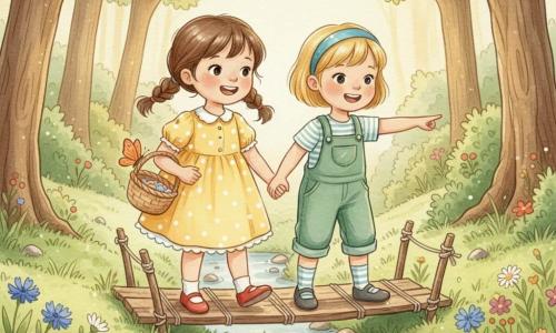 Dwie około 4-letnie dziewczynki: po lewej brunetka w dwóch kucykach w żółtej sukience w białe kropki i czerwonych butach trzymająca mały wiklinowy koszyk z pomarańczowym motylkiem na brzegu, po prawej blondynka z krótkimi włosami i niebieską opaską w zielonych ogrodniczkach wskazująca palcem na przed sobą leciwy mostek z patyków i sznurka, trzymające się za ręce przechodzą przez mostek nad małym, czystym strumykiem na słonecznej leśnej polanie z miękką zieloną trawą i kolorowymi dzikimi kwiatami, nastrojowe, pastelowe barwy, wyraz twarzy pewny i zgrany.