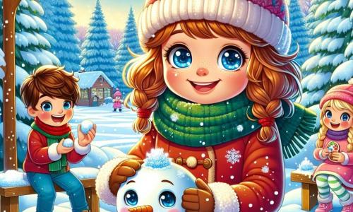 Una ragazza di 11 anni, Sofia, con grandi occhi blu pieni di curiosità, è al centro dell'immagine, sorridente e felice, con un cappotto rosso vivo e un berretto di lana. Sta modellando un pupazzo di neve, con le mani piene di neve, mentre un leggero fiocco le cade sul naso. Accanto a lei, un ragazzo di 10 anni, Marco, con i capelli castani arruffati e una sciarpa verde, ride tenendo una palla di neve pronta a essere lanciata. Un'altra bambina, Chiara, di 9 anni con i capelli biondi intrecciati, è seduta su una panchina di legno, decorando biscotti di pan di zenzero con glassa colorata. Il luogo è un incantevole parco invernale, coperto da uno spesso strato di neve scintillante sotto un cielo blu chiaro. Alberi maestosi, carichi di neve, circondano la scena e delle luci decorative abbelliscono i rami, aggiungendo un tocco di magia. La situazione principale mostra Sofia e i suoi amici divertirsi insieme a creare un pupazzo di neve, condividendo risate e storie sulle tradizioni invernali, catturando lo spirito gioioso e caloroso dell'inverno.