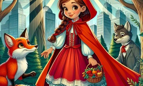 Caperucita Roja, una niña de unos 8 años, lleva una capa roja brillante que ondea detrás de ella. Su rostro está iluminado por una sonrisa decidida, y su cabello castaño está atado en dos trenzas. Sostiene una pequeña cesta llena de frutas y pasteles, mirando con esperanza hacia el horizonte. A su lado hay un zorro astuto, con un pelaje naranja brillante y ojos chispeantes de malicia. Se sostiene sobre sus patas traseras, como si estuviera listo para hablar, y parece animar a Caperucita Roja en su búsqueda. El escenario es una mezcla de bosque encantado y ciudad moderna, con majestuosos árboles de hojas verdes exuberantes que rodean edificios grises al fondo. Rayos de sol atraviesan las ramas, creando una atmósfera mágica. La situación principal muestra a Caperucita Roja y el zorro conversando con un elegante lobo, vestido con un traje cuidado, que los escucha atentamente. Están reunidos en una pequeña claro, donde la naturaleza se encuentra con la ciudad, simbolizando la esperanza de preservar el mundo natural.