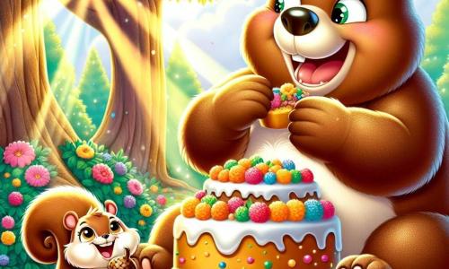 Un grande orso bruno dagli occhi scintillanti e dal sorriso malizioso è seduto sotto un maestoso albero, circondato da fiori colorati, mentre gusta una enorme torta di frutta con scoppi di risa. Il suo pelo è morbido e arruffato, e ha una piccola macchia bianca sul ventre che lo rende ancora più affettuoso. Accanto a lui, uno scoiattolo piccolo dagli occhi vivaci e dalla coda folta salta sul posto tenendo una nocciola tra le zampe anteriori, pronto a condividere la torta. Un po' più lontano, un grosso orso dai peli dorati, con un'espressione divertita, osserva la scena ridendo di cuore, con le braccia incrociate sul petto. La scena si svolge in una radiosa radura soleggiata, dove i raggi del sole filtrano tra le foglie degli alberi, illuminando un terreno coperto di fiori multicolori e dolce erba verde. In questa illustrazione, i personaggi celebrano una grande festa di dolci, circondati da amici animali, condividendo risate e dolcezze in un'atmosfera gioiosa e festosa.