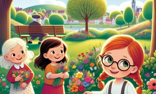 Drei kleine Mädchen, Mia, Emma und Sophie, stehen in einem sonnigen Park. Mia, ein 7-jähriges Mädchen mit braunen Haaren und runden Brillen, lächelt und hält einen Strauß bunter Blumen. Rechts von ihr zeigt Emma, ein 8-jähriges Mädchen mit blonden Haaren und einem Zopf, entschlossen einen Plastikmüll, den sie gerade aufgehoben hat. Links hebt Sophie, ein 7-jähriges Mädchen mit roten Haaren und Sommersprossen, stolz ein Stück Papier über ihren Kopf. Der Park ist grün, mit majestätischen Bäumen, leuchtenden Blumen und kleinen, gewundenen Wegen. In der Ferne ist eine Holzbank sichtbar, auf der ein älterer Mann, der Parkwächter, die Kinder mit einem wohlwollenden Lächeln beobachtet. Der Himmel ist blau mit einigen weißen Wolken, und Vögel fliegen fröhlich umher. Die drei Freundinnen sammeln Müll, um den Park zu reinigen und zeigen ihr Engagement für den Umweltschutz. Die Atmosphäre ist fröhlich und energiegeladen und verdeutlicht die Bedeutung der Pflege der Umwelt.