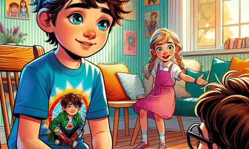 Un ragazzo di 10 anni, Marco, con i capelli castani in disordine e gli occhi pieni di curiosità, è seduto su una sedia di legno in una stanza luminosa. Indossa una maglietta blu con un disegno di supereroe e pantaloni corti beige. Sul suo volto si legge una leggera preoccupazione mista a speranza. Accanto a lui, una ragazza di 9 anni, Sofia, con capelli biondi intrecciati e un vestito rosa a pois, sorride e gli tende una mano amichevole. Un ragazzo di 10 anni, Luca, con occhiali e una maglietta verde, guarda Marco con comprensione, seduto sul pavimento di fronte a lui. La stanza è decorata con disegni colorati appesi alle pareti, cuscini morbidi sparsi sul pavimento e una grande finestra che lascia entrare la luce del sole. Marco, un po' nervoso ma curioso, ascolta attentamente le storie degli altri bambini che condividono le loro esperienze sulla separazione dei genitori, creando un momento di solidarietà e comprensione.