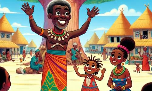 El personaje principal, el gran jefe Kofi, es un hombre de mediana edad con piel oscura y cabello rizado, que lleva un paño colorido adornado con motivos africanos. Tiene una sonrisa cálida y ojos brillantes de determinación. Kofi está de pie bajo un inmenso baobab, levantando los brazos con entusiasmo para reunir a su pueblo. A su lado, la pequeña Amara, una niña de unos 8 años, tiene el cabello trenzado y lleva un vestido de tela tradicional de colores vivos. Ella está sentada en el suelo, escuchando atentamente a Kofi, con ojos brillantes de admiración. Un poco más lejos, Yara, una mujer de unos cincuenta años, es la jefa del pueblo de pescadores. Lleva un collar de conchas y sonríe asintiendo, animando a Kofi con benevolencia. La escena se desarrolla en una gran plaza del pueblo, rodeada de casas de barro y jardines florecidos. El cielo es de un azul brillante y el sol brilla, iluminando los rostros alegres de los aldeanos reunidos alrededor del majestuoso baobab. La situación principal muestra a Kofi dirigiéndose a su pueblo con pasión, compartiendo las lecciones que ha aprendido durante su viaje, mientras los niños bailan y los adultos escuchan atentamente, creando una atmósfera de alegría y unidad.