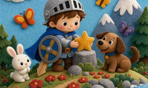 Un niño caballero de rostro sonriente y decidido sostiene delicadamente una estrella dorada sobre una pequeña piedra; lleva una capa azul vivo de fieltro, un casco sencillo brillante, un gran escudo redondo y una espada de madera blanda. A la derecha, un perrito marrón llamado Lupo mueve la cola mirando la estrella con alegría; a la izquierda, un conejito blanco de ojos redondos entre flores rojas, curioso y tímido. La escena ocurre en la cima de una pequeña montaña con piedras grises de fieltro, un sendero de flores rojas, algunos mariposas y un arroyo azul abajo; ambiente simple y acogedor, colores vivos, formas redondeadas, bordes cosidos visibles, texturas de fieltro y sombras suaves, composición centrada en el caballero con la estrella y los animales cerca.