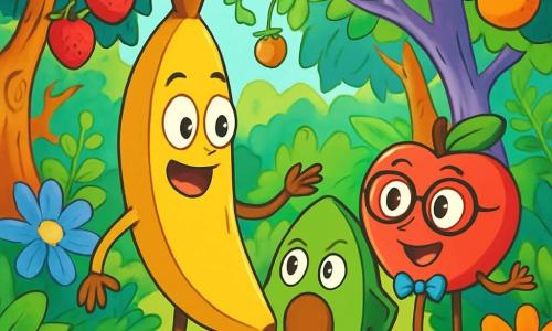 Un plátano sonriente, llamado Plátano Pancho, se encuentra en el centro de una jungla de frutas, con una expresión de asombro en su cara amarilla y alegre. A su derecha, una manzana roja con gafas y pajarita, Manzana Martín, sonríe entusiastamente, gesticulando para explicar algo a Pancho. A su izquierda, un aguacate verde, Aguacate Alfredo, tiene una mirada decidida y alentadora, listo para acompañarlo en la aventura. El decorado es una jungla vibrante, llena de árboles de colores brillantes, lianas de frutas colgantes y flores gigantes que parecen bailar al ritmo de una música alegre. La situación principal muestra a Plátano Pancho, rodeado de sus amigos frutas, preparándose para partir en una aventura para encontrar la Ralladura de Limón de Zafiro, con un ambiente festivo y de camaradería en el aire.