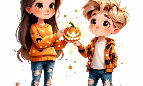 Una niña de 11 años, Marta, está en el centro de la imagen, con largos cabellos castaños y ojos llenos de curiosidad. Lleva un suéter naranja con motivos de calabazas y un jeans rasgado, sosteniendo un misterioso medallón brillante en sus manos, con una expresión de asombro y un poco de inquietud. A su derecha, Tomás, un niño de 11 años con cabello rubio despeinado y gafas redondas, observa el medallón con fascinación. Lleva una camisa a cuadros y un short, listo para acercarse a Marta y ayudarla. A la izquierda, Clara, una niña de 10 años con cabello castaño y trenzas, sostiene una linterna de Halloween, con los ojos muy abiertos por la emoción. Lleva una camiseta negra con un gato dibujado y un pantalón morado, un poco apartada pero lista para unirse a sus amigos. La escena se desarrolla en una vieja casa abandonada, con paredes de madera desgastadas, telarañas en las esquinas y ventanas rotas que dejan pasar una misteriosa luz lunar. Sombras bailan en las paredes, creando una atmósfera mágica y ligeramente inquietante. Marta, Tomás y Clara se preparan para descubrir los secretos de la casa, con el medallón brillante en el centro de su atención, simbolizando la aventura que les espera y la magia de Halloween que los rodea.