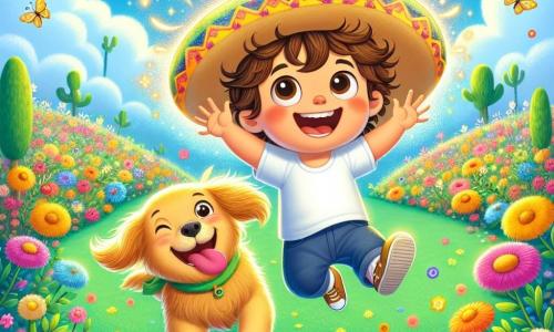 Un niño de 2 años, Lucas, con cabello castaño desordenado y grandes ojos brillantes de alegría, lleva un sombrero mágico que brilla. Sonríe con asombro, con los brazos levantados, flotando en el aire sobre un jardín colorido. A su lado, su perro Max, un golden retriever de pelaje dorado y ojos traviesos, corre alegremente, con la lengua fuera, listo para acompañarlo en la aventura. El jardín está lleno de flores brillantes de todos los colores, con mariposas que bailan a su alrededor. A lo lejos, se ve un cielo azul claro salpicado de nubes blancas esponjosas. La escena principal muestra a Lucas y Max volando juntos, rodeados de flores y magia, con destellos de luz brillante a su alrededor, creando una atmósfera alegre y lúdica.