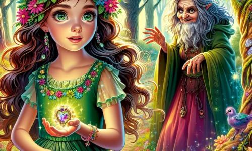 Elara, ein 10-jähriges Mädchen mit langen, gewellten Haaren, trägt ein grünes Kleid mit bunten Blumen. Ihr Gesicht strahlt Entschlossenheit und Neugier aus, während sie ein kleines, glänzendes Amulett in der Hand hält. Neben ihr steht eine alte Hexe mit zerzausten grauen Haaren und einem schelmischen Lächeln, die Elara beobachtet, ihre dunklen Augen funkeln herausfordernd. Sie steht leicht im Schatten der Bäume. Die Szenerie ist ein verwunschener Wald mit großen, knorrigen Bäumen, deren Blätter im Sonnenlicht in vielen Farben schimmern. Leuchtende Blumen und magische Kreaturen, wie kleine Feen mit schillernden Flügeln, tanzen um sie herum und verleihen der Atmosphäre einen Hauch von Magie. Die Hauptsituation zeigt Elara, die bereit ist, den Schatz des Herzens des Waldes zu verteidigen, während die Hexe versucht, sie einzuschüchtern. Die Luft ist angespannt, und die Sonnenstrahlen filtern durch die Äste und schaffen ein faszinierendes Spiel aus Schatten und Licht.