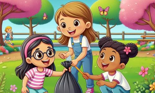 Drie kleine meisjes, Anna, Lisa en Noor, zijn bezig met het schoonmaken van een park. Anna, een 8-jarig meisje met bruin haar en een bril, zit op de grond met plastic in haar hand. Naast haar staat Lisa, een 7-jarig meisje met blonde vlechten, die glimlacht terwijl ze een vuilniszak vasthoudt. Noor, een 9-jarig meisje met zwart haar in twee staarten, staat rechtop en wijst enthousiast naar een bloeiende boom. Het park is groen, vol kleurrijke bloemen, majestueuze bomen en een goed onderhouden grasveld. Vlinders fladderen om hen heen en in de verte is een klein vijvertje te zien waar eenden vredig zwemmen. De lucht is blauw met enkele donzige witte wolken. De drie vriendinnen zijn druk bezig met het opruimen van afval om het park mooier en gezonder te maken, terwijl ze lachend en vrolijk over hun missie om de natuur te beschermen praten.