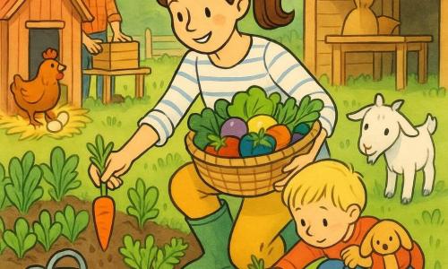 Una giovane donna sorridente con capelli castani raccolti in coda, camicetta a righe e stivali di gomma tiene un cesto di verdure colorate e raccoglie delicatamente una carota; un bambino di 5-6 anni, Luca, biondo con una peluche sotto il braccio, accovacciato la aiuta cercando di tirare una piccola carota; il padre, uomo alto e barbuto in camicia a quadri, sta sullo sfondo vicino a una cassa di legno sorridendo; nel giardino della fattoria ci sono file di verdure, terra umida, un annaffiatoio metallico, un piccolo capanno con tavolo e sacchi, una gallina ruggine vicino al pollaio con uova nella paglia e una capretta bianca curiosa; luce mattutina calda, scena centrata sul cesto colorato e sull'atmosfera dolce della raccolta.