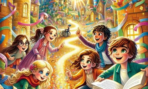 In un angolo della scena c'è **Anna**, una ragazza di 10 anni con lunghi capelli castani e occhi scintillanti, che indica un sentiero luccicante. Accanto a lei c'è **Luca**, un ragazzo di 11 anni con capelli biondi arruffati, che sorride con entusiasmo, pronto a partire per un'avventura. Un po' più in là, **Marco**, un ragazzo di 10 anni con occhiali e capelli castani, osserva attentamente un libro aperto che tiene in mano. **Sofia**, una ragazza di 9 anni con trecce e un cappello colorato, balla gioiosamente, come se fluttuasse nell'aria. Infine, **Amelia**, una ragazza di 10 anni in sedia a rotelle, irradia felicità, circondata dai suoi amici, con un sorriso luminoso che illumina il suo viso. Il luogo è la **Città delle Idee**, una città magica dove le case sono fatte di libri giganti dalle copertine colorate e le strade sono pavimentate di pergamene dorate che brillano al sole. Parole colorate danzano nell'aria, creando un'atmosfera incantata e ispiratrice. I bambini scoprono il sentiero scintillante che li conduce verso questa città incantata, pieni di eccitazione e curiosità, pronti a esplorare le meraviglie di questo mondo magico.