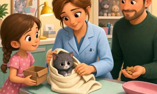 Una veterinaria sonriente y dulce, cabello castaño claro recogido en moño, bata azul pastel con bolsillo, rasgos redondeados y ojos grandes y bondadosos, arrodillada y calmada mientras envuelve un pequeño gatito gris en una toalla suave; a su izquierda, una niña de unos 6 años con trenza y vestido rosa de lunares mira con curiosidad sosteniendo una pequeña caja de cartón cerca de la mesa; detrás de la niña, a la derecha de la mesa, un hombre adulto (padre, unos 35 años) con jersey verde oscuro y barba corta sostiene unas golosinas para gato y mira aliviado; el gatito gris con una mancha blanca en la nariz está acurrucado en una toalla crema sobre una pequeña mesa de examen, ojos entrecerrados, ronroneando; la clínica es acogedora: paredes crema, póster colorido “Respira. Aquí cuidamos con calma”, estantería con peluches, pequeña lámpara amarilla encendida, báscula digital rosa, estetoscopio sobre la mesa y suelo de madera clara; escena principal: examen tierno y reconfortante, gestos lentos y protectores, luz suave, colores cálidos, expresiones apacibles, ambiente íntimo y seguro; acabado nítido, contrastes suaves y texturas visibles (toalla, madera, pelaje).