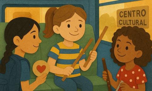 Tres niñas de unos 10 años en el interior de un autobús azul de actividades: Nora, cabello castaño claro en coleta, ropa colorida (camiseta a rayas azul y amarilla, vaqueros) sentada en el centro y sosteniendo dos baquetas de madera con sonrisa confiada; Inés, cabello negro en trenza, mochila azul marino desbordante, a la izquierda, sostiene una galleta redonda con motivo de corazón y mira orgullosa la flauta recuperada; Laila, cabello rizado castaño, vestido rojo con lunares blancos, a la derecha, sostiene un pequeño triángulo plateado en una mano y la flauta en la otra con aire travieso. El interior tiene bancos verdes acolchados, estantes superiores con cajas de instrumentos (maracas pintadas, tambor miniatura, cascabeles), suelo de tablones claros iluminado por una luz dorada que entra por la ventana y un cartel «Centro Cultural» visible afuera. Las niñas celebran haber recuperado la flauta atrapada en la rejilla; la caja de instrumentos abierta está entre sus pies con maracas y triángulo dispersos, expresiones alegres y complicidad, ambiente cálido y divertido, colores vivos y aspecto de collage de papel con bordes irregulares y sombras.